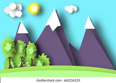 Mountain Scene Paper World. Rural Life with Cut, Meadow, Trees, Clouds, Sun. Colorful Crafted Countryside. Summer Landscape. Cutout Applique. Hanging Elements. Vector Illustrations Art Design.