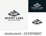 A Mountain scene with Pine Trees Forest and Lake with a boat. Rough Rustic Vintage Drawing for Adventure Outdoor logo design