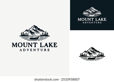 A Mountain scene with Pine Trees Forest and Lake with a boat. Rough Rustic Vintage Drawing for Adventure Outdoor logo design