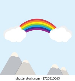 Mountain scene and rainbow with clouds, vector design