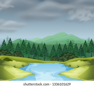 Mountain scene with river illustration
