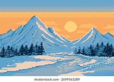 Escena de montaña, río, pinos con luz del sol en invierno, estilo Pixel.