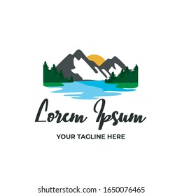 Mountain Scene with sunrise or sunset design for t-shirts or outdoor communities, mountain and lake enthusiasts