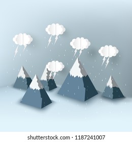 mountain scene view of the weather in the rainy season as on 3D paper art , cut and craft style concept. vector illustration.