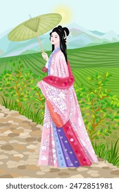 mountain scenery with a beautiful chinese girl in traditional costume hanfu with an umbrella. green tea plantation landscape with sunrise