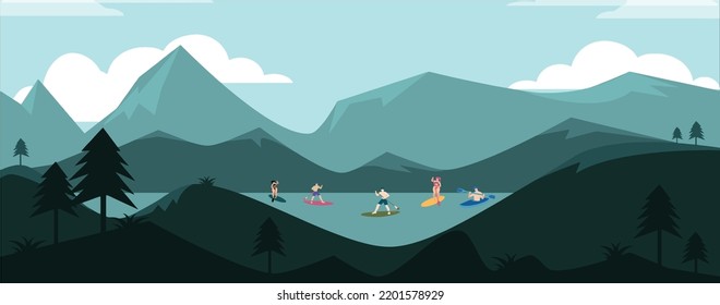 Paisaje montañoso y actividades náuticas en el lago