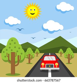 mountain scenery with car trip vector flat design illustration