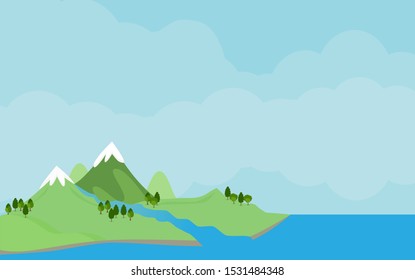 The mountain scenery is full of trees and lakes in the morning sky.