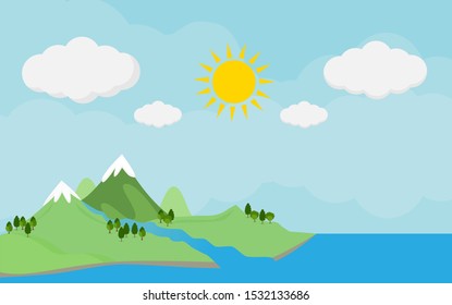 The mountain scenery is full of trees and lakes. In the morning sky there are many clouds and the rising sun shines.