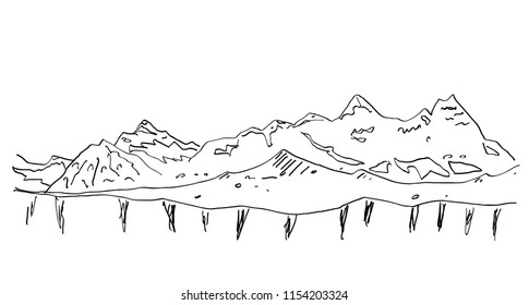 mountain scenery hand drawn sketch, in engraving etching style, for climbing,  mountaining, travel and extrim sport design
