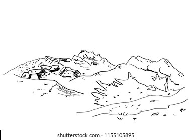 mountain scenery hand drawn sketch, in etching style, for climbing sport,  mountaining, travel  and  tourism design