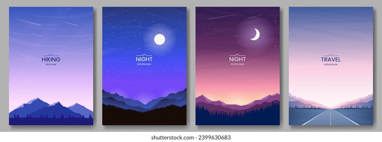 Mountain scenery, highway road, night sky, moon and stars, evening twilight. Set of vertical posters. Design for postcard, greeting card, wallpaper, cover.