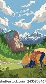 Mountain scenery illustration in a vector of a couple setting up a camp in a national park with the background of a cliff and mountains. 