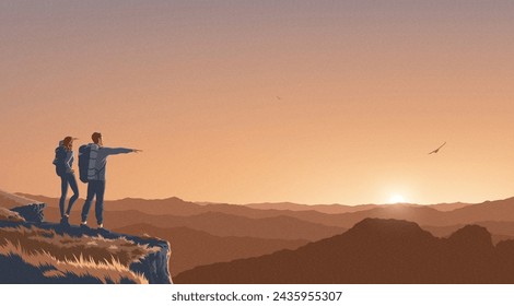 Mountain scenery illustration in a vector of a couple observing and admiring the view on the peak of the cliff with the background of a vast landscape of hundreds of mountains.