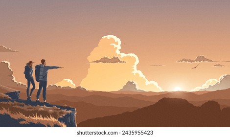 Mountain scenery illustration in a vector of a couple observing and admiring the view on the peak of the cliff with the background of a vast landscape of hundreds of mountains.
