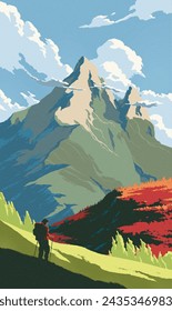 Mountain scenery illustration in a vector of a man walking down from the mountain with the background of a high mount.