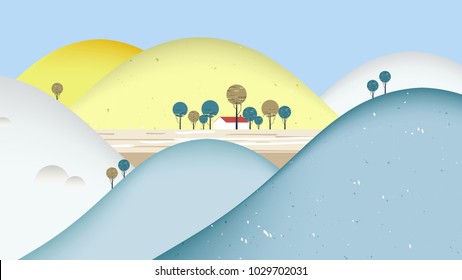 Mountain scenery landscape, small house surrounded by colorful mountains