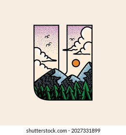 Das Logo der Bergkulisse in Buchstabe u, dieses süße doodle-Cartoon-Karikaturenlogo ist für Naturliebhaber, Kinder und Jugendliche geeignet