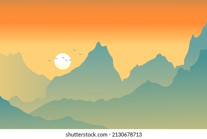 Mountain scenery on sunset in flat style