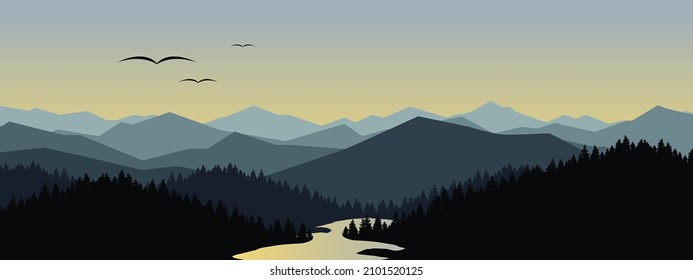 
mountain scenery Pine forests and rivers, lakes