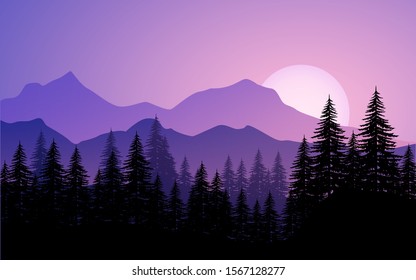 Mountain scenery with pine trees and sunrise