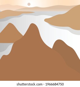 
Mountain scenery, river at sunrise, vector illustration