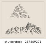 Mountain scenery sketch hand drawing, in engraving etching style, for saunter, extreme climbing sport,  adventure travel  and  tourism design