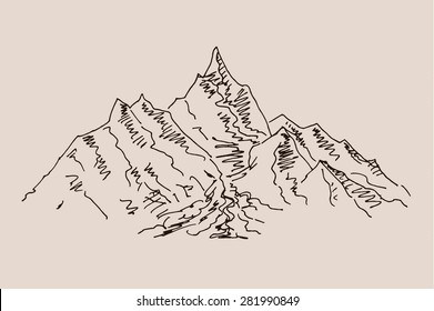 Mountain scenery sketch hand drawing, in vintage engraving etching style, for extreme climbing sport, adventure travel  and  tourism design