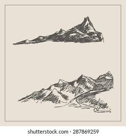 Mountain scenery sketch hand drawing with river, in engraving etching style, for extreme climbing sport, adventure travel  and  tourism design