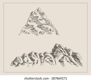 Mountain scenery sketch hand drawing, in engraving etching style, for saunter, extreme climbing sport,  adventure travel  and  tourism design