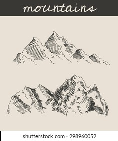 Mountain scenery sketch hand drawing, in engraving etching style, for extreme climbing sport, adventure travel  and  tourism design