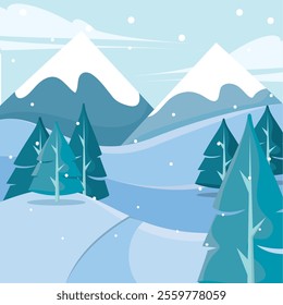 Mountain scenery with snow and evergreen trees Vector