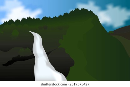 mountain scenery with waterfall valley, mountain scenery vector illustration. suitable for background