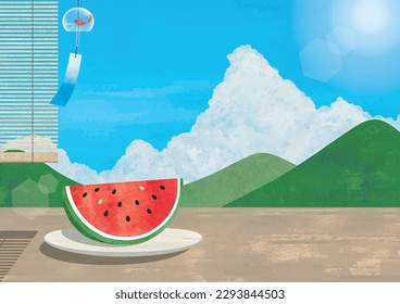 Mountain scenery and watermelon in summer in Japan