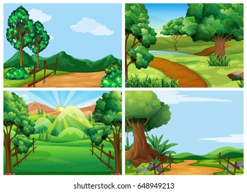 Mountain scenes with tracks and trees illustration
