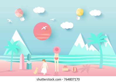 Mountain sea beach landscape with  happy family, paper art style on pastel color background.vector illustration