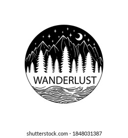 Mountain and sea black on white. Vector illustration. Night Wanderlust adventure travel circle icon with stars.