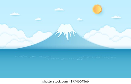 Montaña y mar con sol brillante y cielo azul, estilo de arte de papel