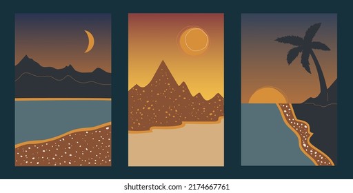 Mountain, sea and desert wall art set. Middle East landscapes, modern flat wallpaper. Abstract nature backgrounds collection with sky, sand, palm at sunset. Vector illustration, posters 