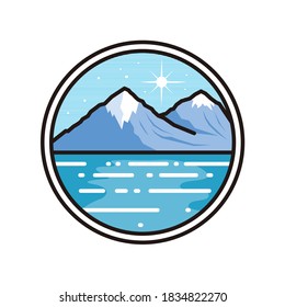 Mountain with sea illustration vintage outdoors landscape Vector logo design template
