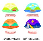 Mountain and Sea landscape in different times of day, Good morning, good afternoon, Good evening, Good night, day and night, Times of day, 4 times for people routine, Four scenes in different times.