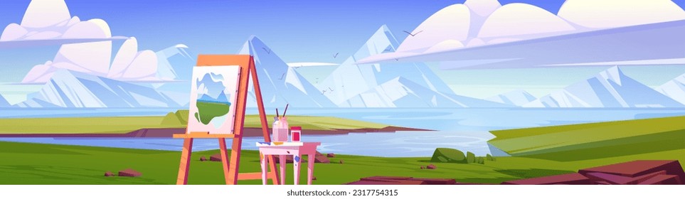 Mountain and sea landscape for drawing on easel for artist background illustration. Green river shore with nobody above blue sky with clouds. Wild nordic lagoon valley with field environment panorama