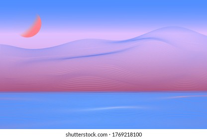 Paisaje montañoso y marino, líneas blancas sobre fondo degradado. Ilustración del vector abstracto