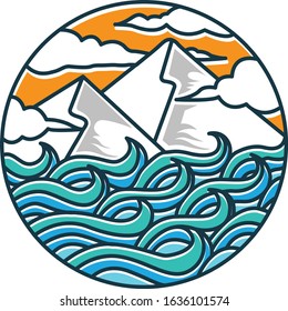 Mountain and sea logo vector illustration with blue grey and orange color and white base background