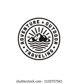 Mountain, Sea Ocean Wave and Sun for Vintage Adventure Outdoor Traveling Label Stamp logo design 