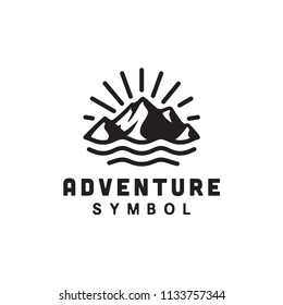 Mountain, Sea Ocean Wave And Sun For Vintage Adventure Outdoor Traveling Logo Design 