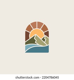 Mountain, Sea Ocean Wave and Sun for Vintage Adventure Outdoor. Universal creative premium symbol. Vector sign icon logo template. Vector illustration