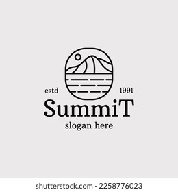 Mountain, Sea Ocean Wave and Sun Adventure Outdoor Traveling logo design