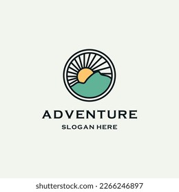 Montaña, Sea Ocean Wave y Sun for Adventure Outdoor Traveller line art logo