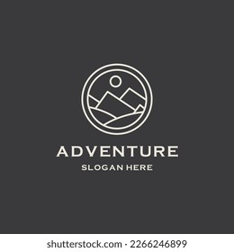 Mountain, Sea Ocean Wave and Sun for Adventure Outdoor Traveling line art icon logo